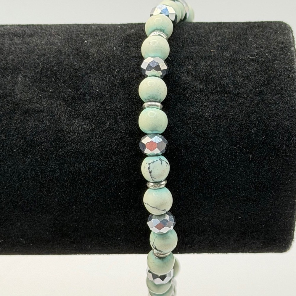 Sage Green Howlite Bracelet, Silver Tone Hematite, Boho Cottagecore Earthy